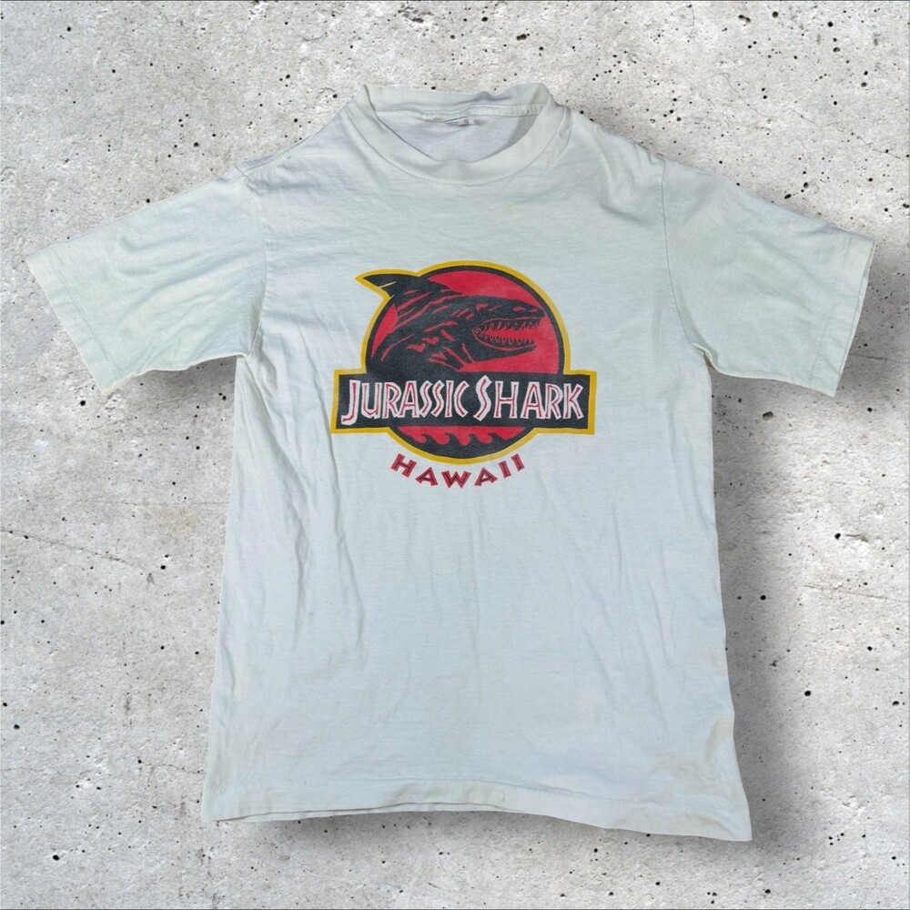 Vintage 90s Jurassic Shark Hawaii Shirt Tee Jays Sof Tee Single Stitch White S